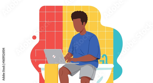 Man working on laptop in bathroom, illustration for blog post or website.
