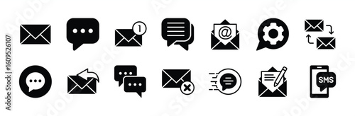 Chat message icon vector set. Contains speech bubble, conversation, dialogue text, email contact, reply, read, setting, delete, sent, write, sms button. Illustration