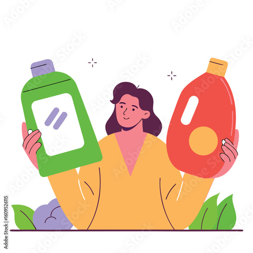 A woman thoughtfully compares two different cleaning product bottles a green one and a red one in a stylized illustration