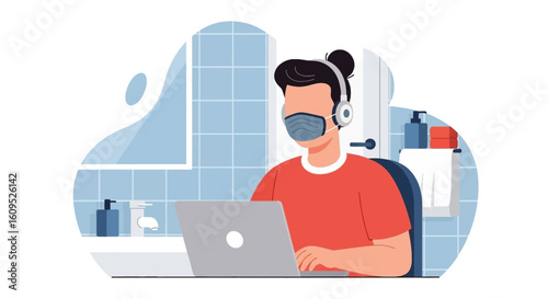 Person working from home on laptop wearing a face mask, ideal for articles about remote work or the pandemic.