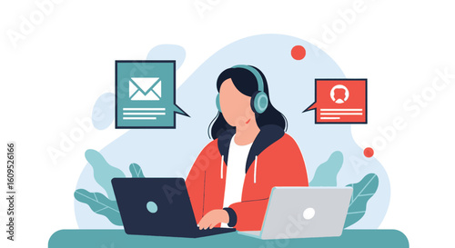 Customer support agent working on laptop, ideal for website banners and online help pages.