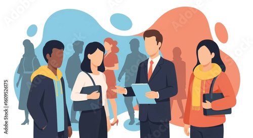 Diverse group of people at a networking event or job fair. Ideal for business presentations or HR websites.
