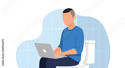 Illustration of a person working on a laptop while sitting on a toilet - perfect for articles on work-life balance or humorous social media posts.