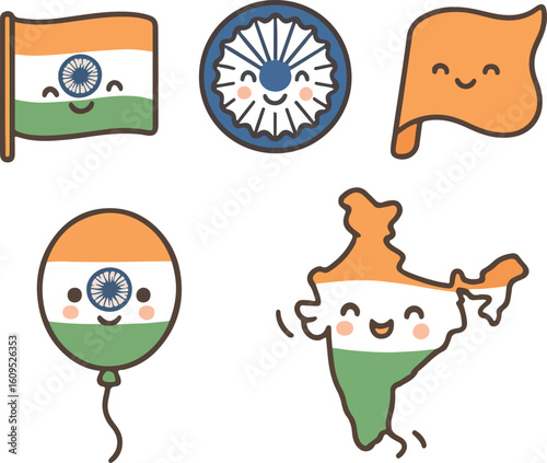A set of colorful flat vector icons representing Indian Independence Day, including the national flag, Ashoka Chakra, traditional lamps, patriotic symbols, and cultural items.