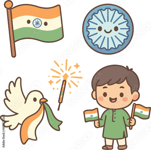 A set of colorful flat vector icons representing Indian Independence Day, including the national flag, Ashoka Chakra, traditional lamps, patriotic symbols, and cultural items. 