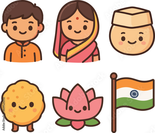 A set of colorful flat vector icons representing Indian Independence Day, including the national flag, Ashoka Chakra, traditional lamps, patriotic symbols, and cultural items. Perfect for microstock, 