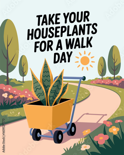 Take Your Houseplants for a Walk Day Illustration with Plant on Wagon