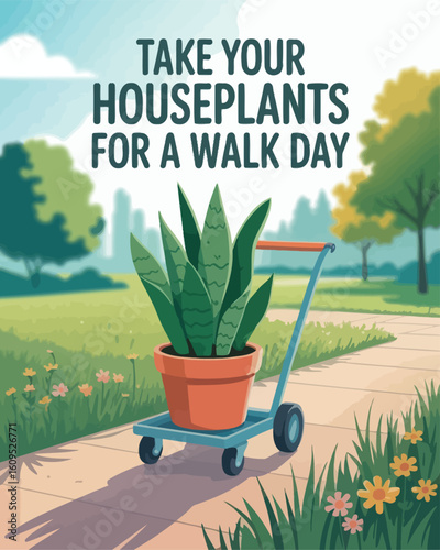 Take Your Houseplants for a Walk Day Illustration with Plant on Wagon