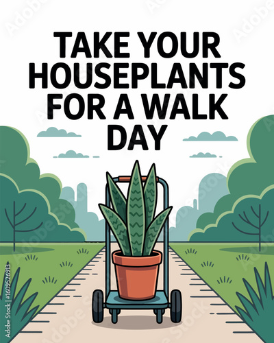 Take Your Houseplants for a Walk Day Illustration with Plant on Wagon