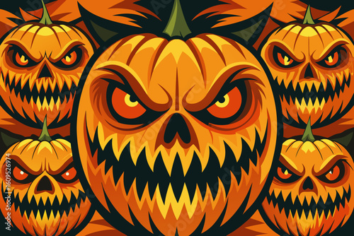Scary Jack o' Lantern Faces Forming a Pattern vector illustration