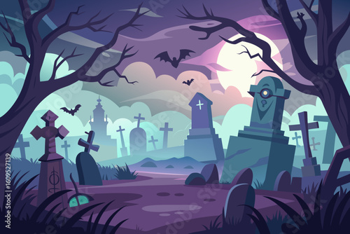 Creepy Graveyard with Tombstones and Ghostly Fog vector illustration