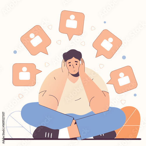 Overwhelmed by social media notifications a person sits with hands on head surrounded by icons representing online attention and communication