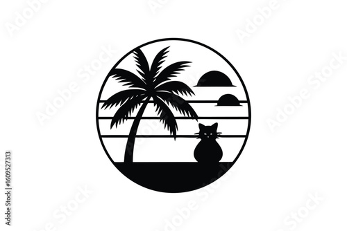 Sunset Serenade A Cat Playing Guitar Under a Palm Tree
