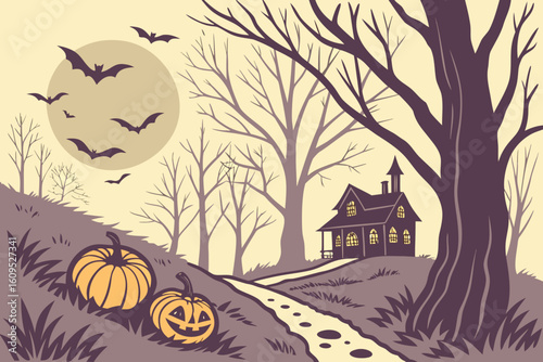 Vintage Halloween Night Scene with Full Moon and Bats vector illustration
