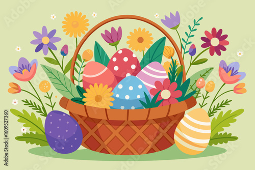Easter Basket with Eggs and Wildflowers Repeating Pattern vector illustration
