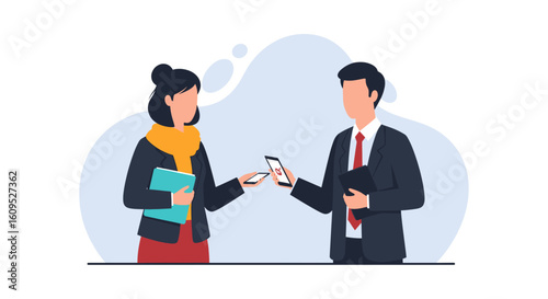 Businesspeople exchanging data via smartphones, ideal for presentations on mobile technology or digital business.