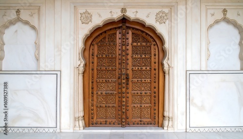 Ornate wooden door in a white palace