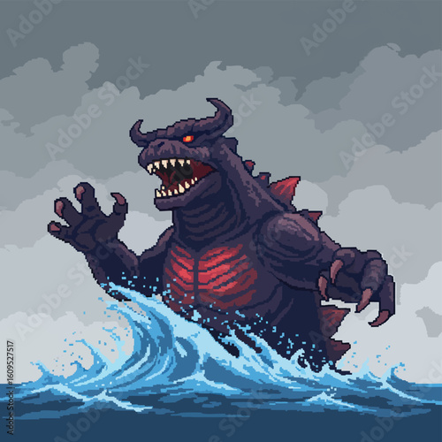 Pixelated Monster Emerging From the Waves.