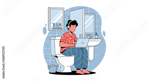 Person working on laptop in bathroom, illustration for blog post about remote work or work-life balance.