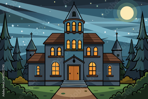 Abandoned Asylum with Flickering Lights vector illustration