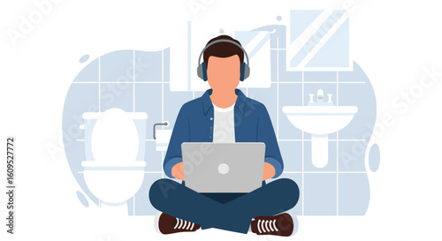 Man working on laptop in bathroom, perfect for illustrating remote work or unconventional workspaces.