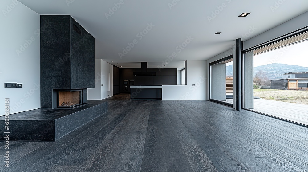 Fototapeta premium Modern open-plan kitchen-living area with fireplace