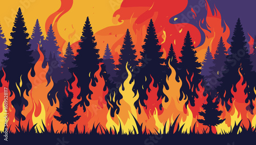 Dramatic forest fire illustration with vivid flames and silhouetted trees