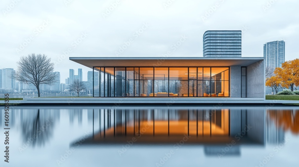Fototapeta premium Modern pavilion by a tranquil water feature