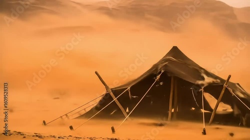 A solitary tent endures a fierce sandstorm sweeping across a vast, remote desert landscape with distant mountains.
