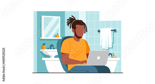 Man working on laptop in bathroom - perfect for articles about remote work, work-life balance, or modern lifestyle.