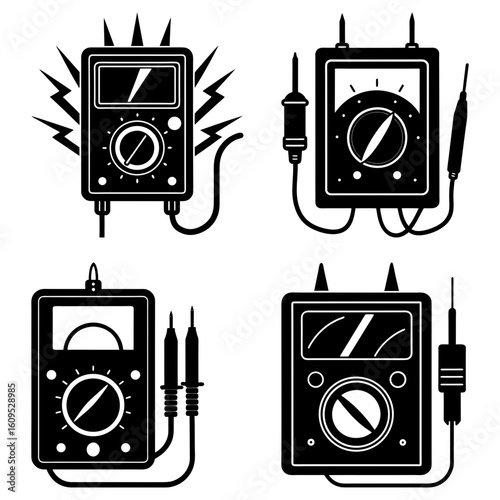 Illustration of four different analog and digital multimeters in black and white vector format