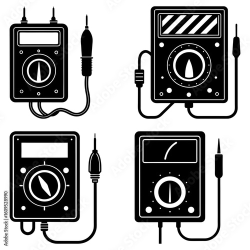 Illustration of four different analog multimeters with probes and dials in black and white style design