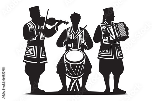 Traditional Musicians Silhouette Playing Instruments in Ethnic Costumes