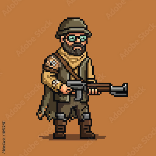 Pixel Art Character Armed with Rifle.