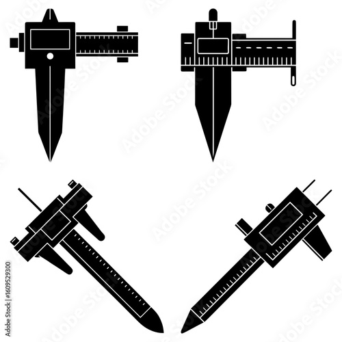 Four black and white illustrations of calipers in different orientations and configurations shown together