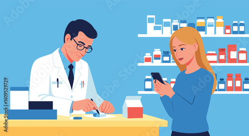 Pharmacist assisting patient with smartphone in pharmacy