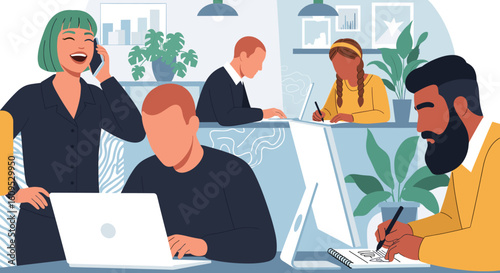 Diverse team collaborating in a modern office setting. Ideal for illustrating teamwork, productivity, and company culture in presentations or website banners.