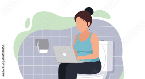 Woman working on laptop while sitting on toilet, illustration for blog post about work-life balance.