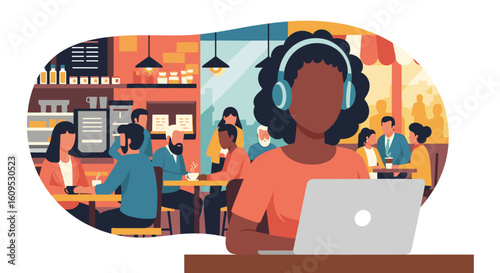 Woman working on laptop in a busy cafe, perfect for illustrating remote work, coworking spaces, or a modern lifestyle.