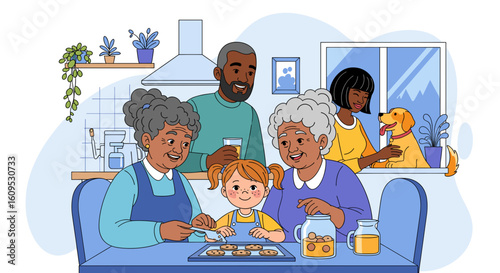 Multigenerational family baking cookies together in a cozy kitchen, perfect for family, togetherness, and food blogs.