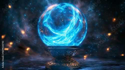 Glowing Magical Crystal Ball with Blue Energy and Cosmic Background