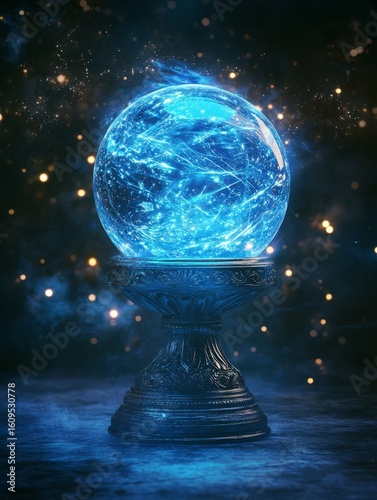 Blue Crystal Ball with Inner Glow and Starry Background