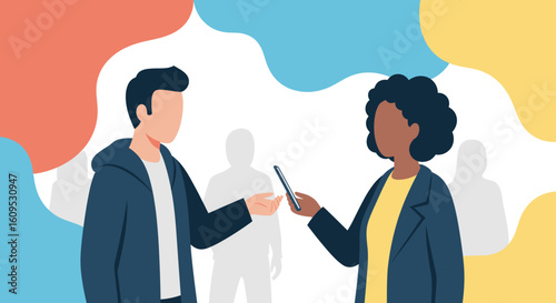 Diverse people exchanging a smartphone, perfect for mobile technology, communication, or business websites.