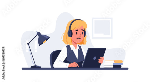 Worried businesswoman working on tablet at desk, perfect for websites or articles about stress and work-life balance.