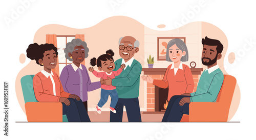 Happy multigenerational family gathered at home, perfect for family, togetherness, and generational themes.