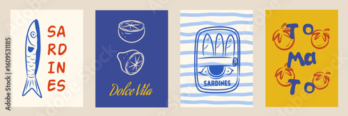 Food posters. Hand drawn kitchen frame banner. Creative wall art with lemon, fish, tomato, sardines can for cafe or restaurant menu. La dolce vita decor. Vector illustration creative set collection.