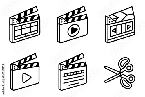 Collection of Film Clapperboard and Scissors Icons.