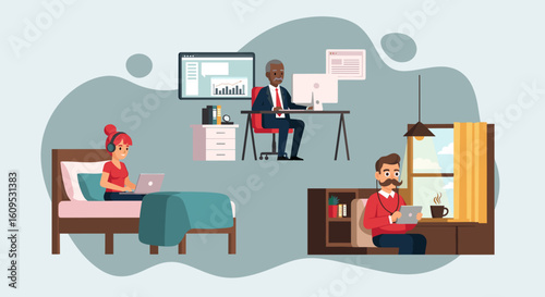 Remote work illustration: Diverse team working from home, perfect for blog posts or presentations on flexible work.