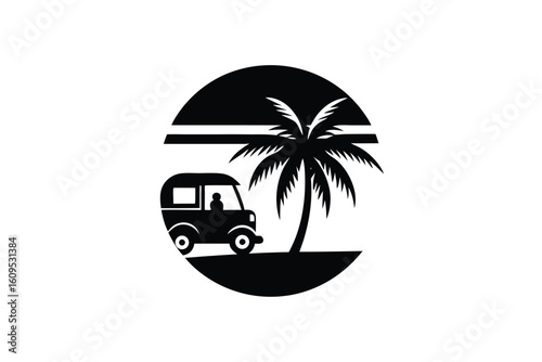 Vibrant Sunset Scene with Palm Tree and Decorated Tuk Tuk Illustration