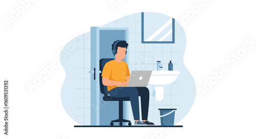 Man working on laptop in a bathroom, perfect for illustrating remote work challenges or humorous articles.
